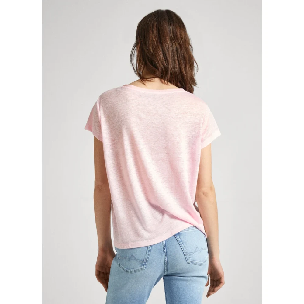 Pepe Jeans Roze Linnen V-hals T-shirt Pink Dames