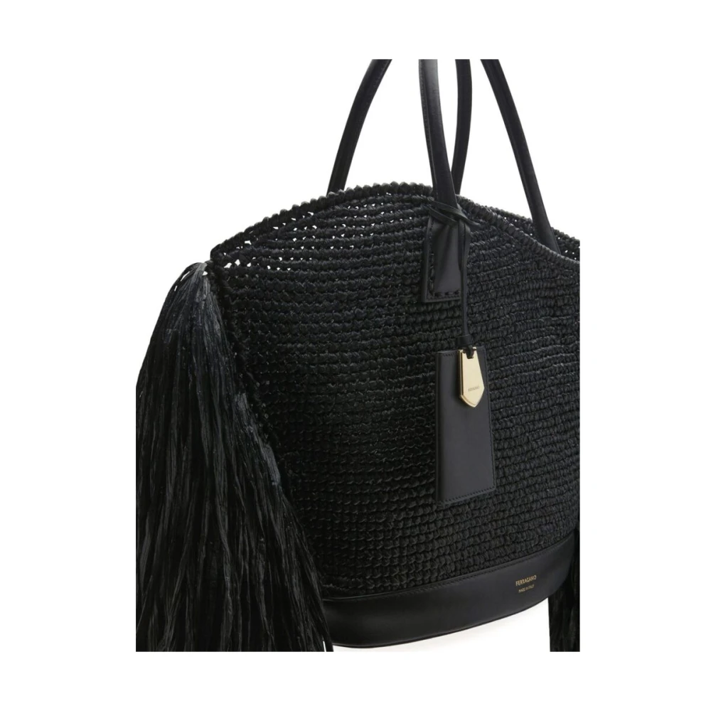 Salvatore Ferragamo Zwarte Raffia Franje Handtas Black Dames
