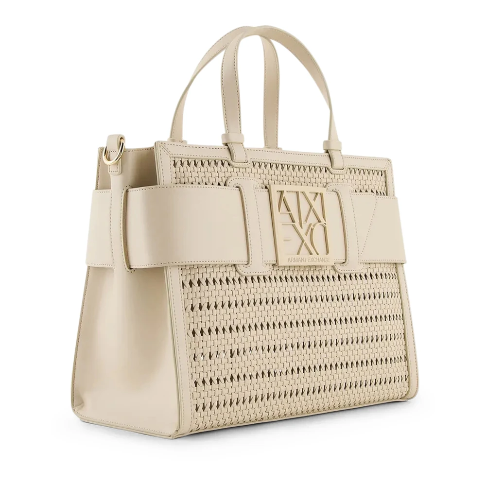 Armani Exchange Beige Stro Tote Tas met Logo Beige Dames