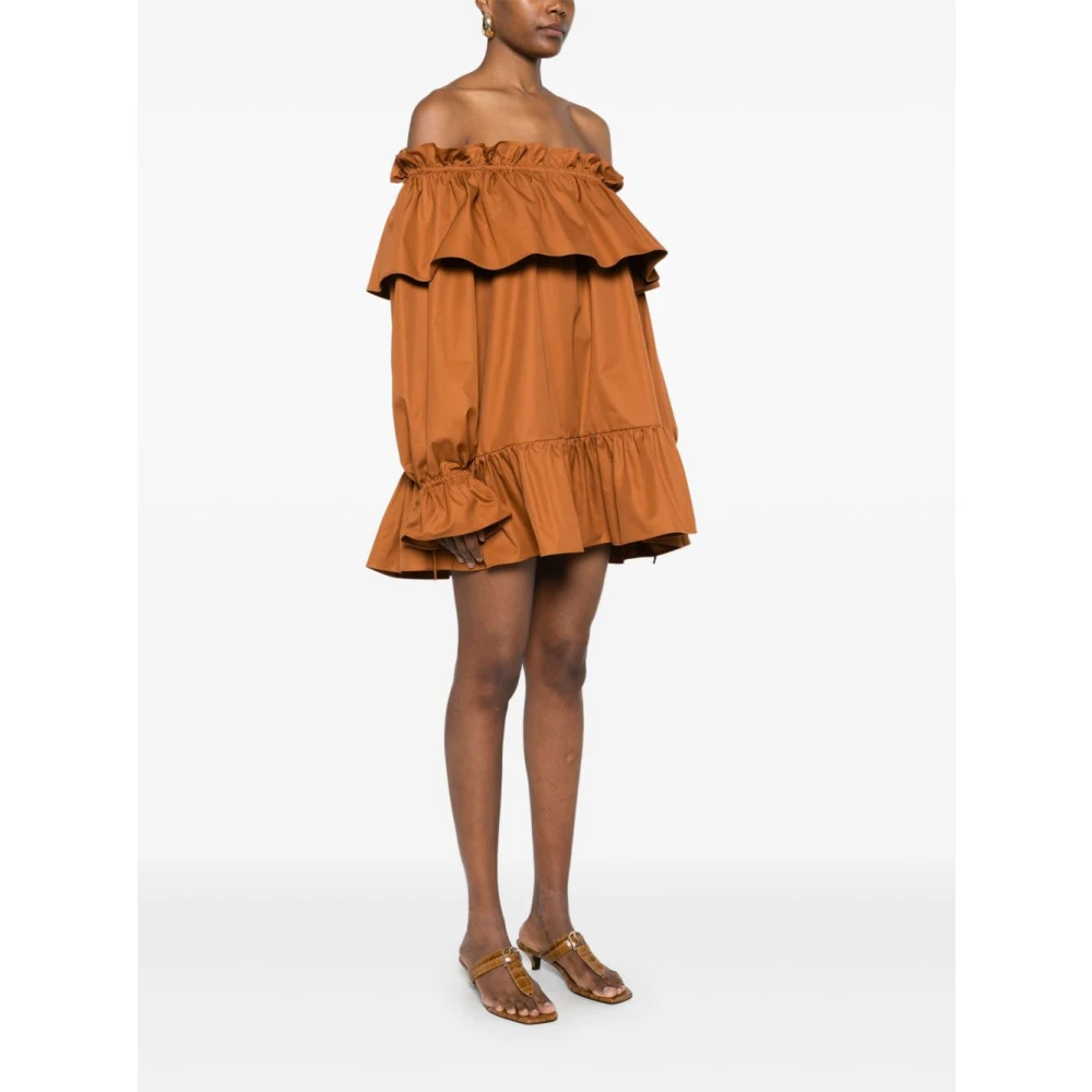 Saint Laurent Bruine Off-Shoulder Jurk met Zakken Brown Dames