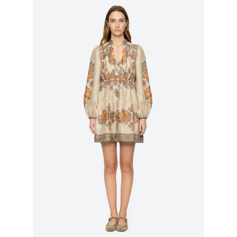 Sea NY Bloemenprint Minijurk met Pofmouwen Beige Dames