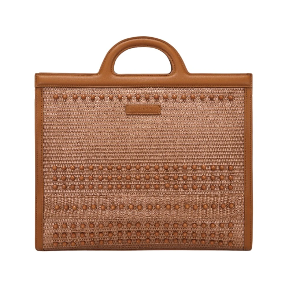 La Carrie Rafia Shoppingtas met Metalen Parels Brown Dames
