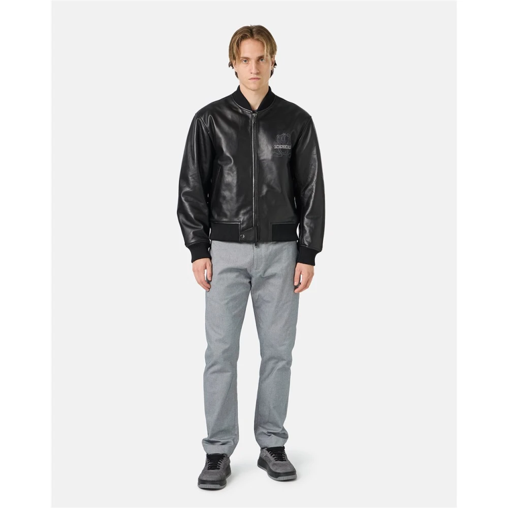 Iceberg Zwarte leren bomberjack met beerborduursel en dubbele schuifrits met logo Black Heren