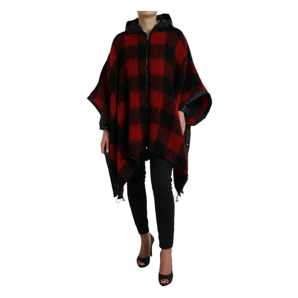 Dolce & Gabbana Women's Multicolor Ponchos, S, Black Red Buffalo Check Hooded Poncho Jacket