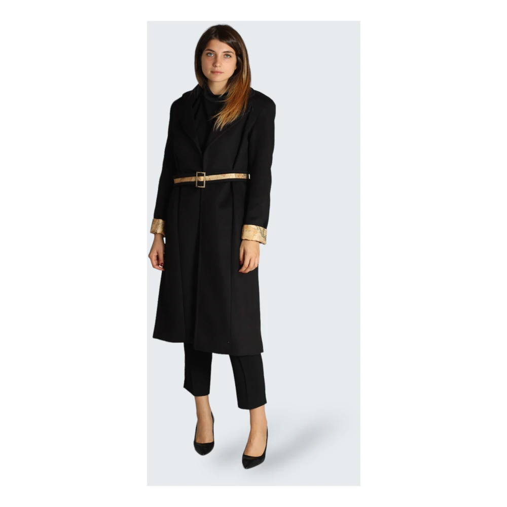 Alviero Martini 1a Classe Zwarte Velours Lange Jas met Geo Classic Riem Black Dames