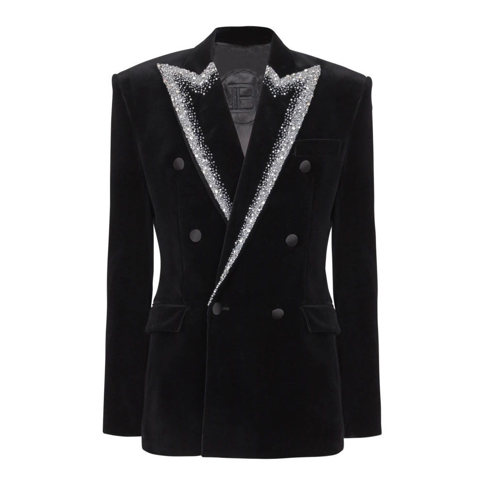 Balmain Fluwelen jas met geborduurde kraag Black Heren