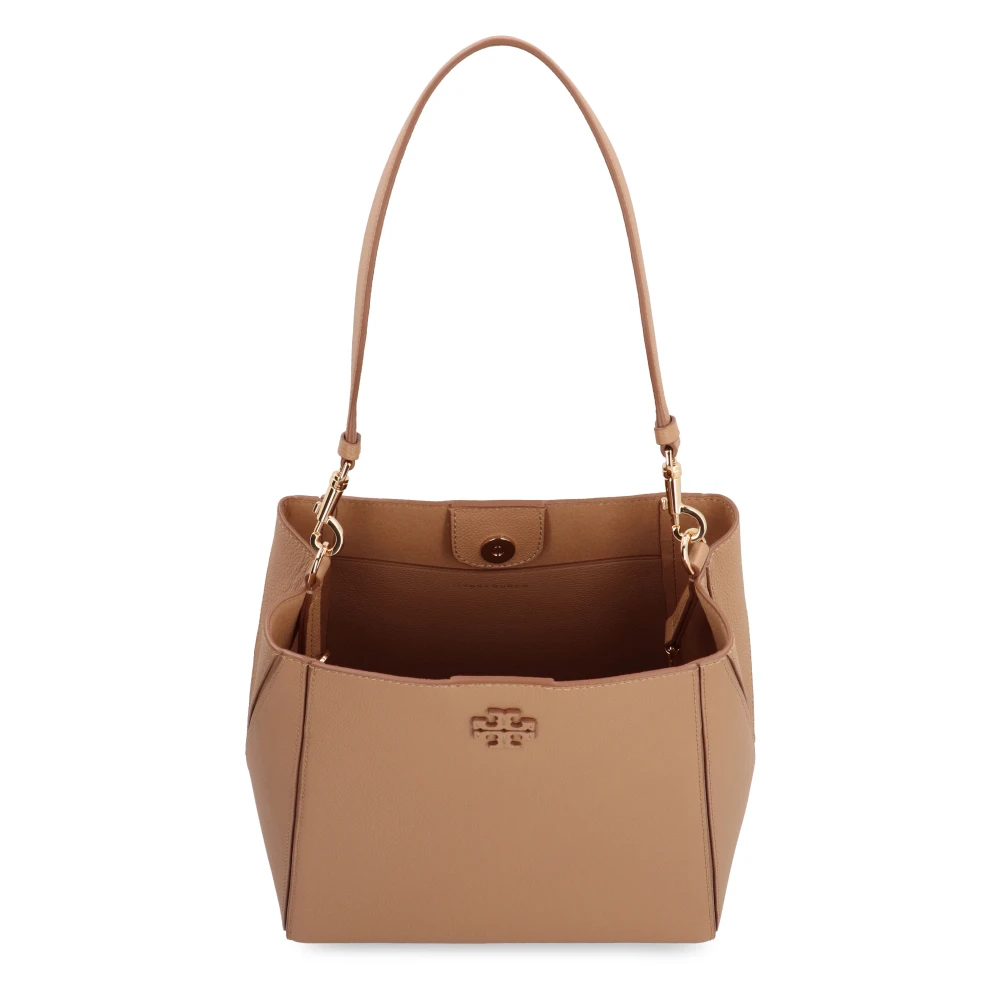 TORY BURCH Leren emmer tas met metalen sluiting Brown Dames