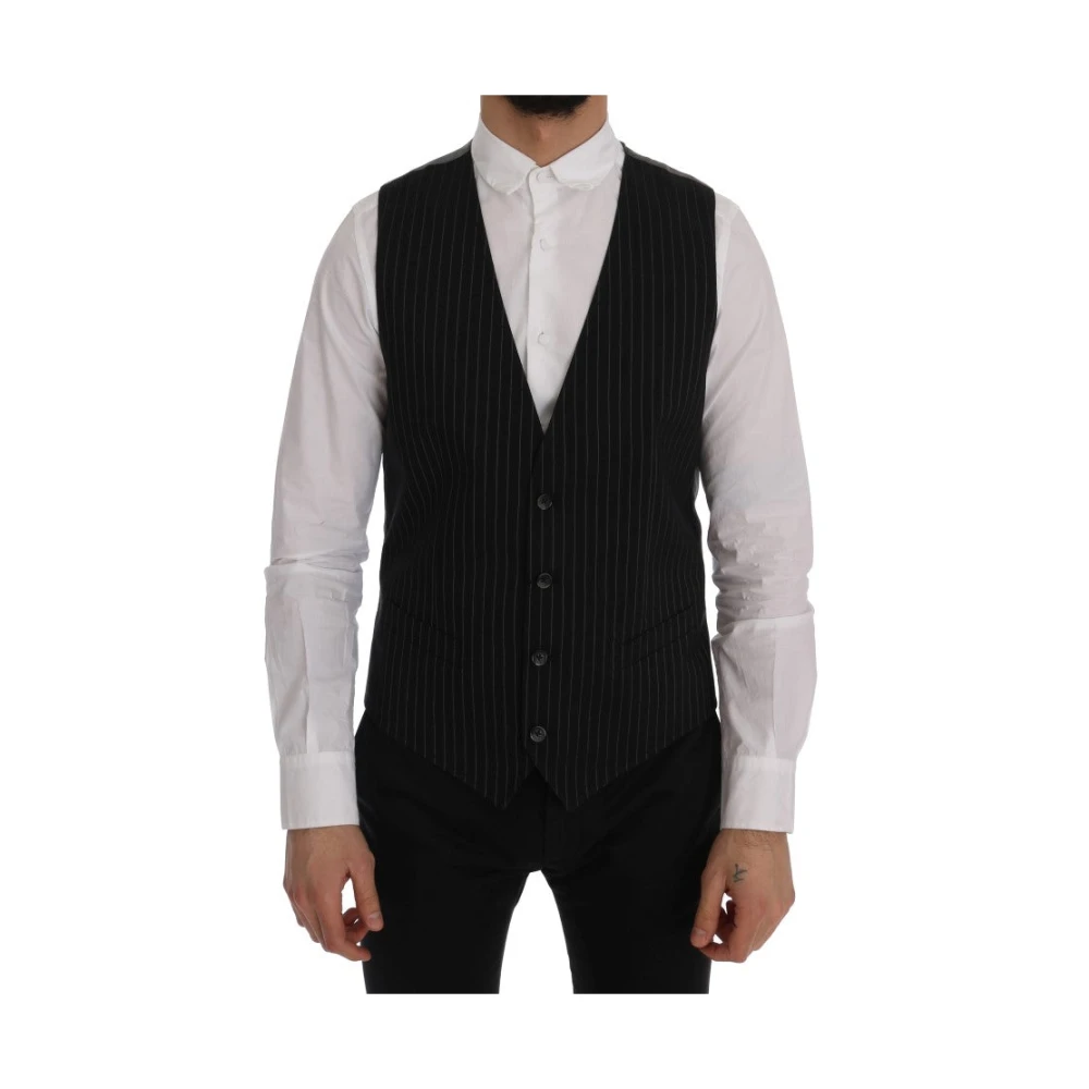 Dolce & Gabbana Men's Black Suit Vests,, Elegant Striped Vest Large