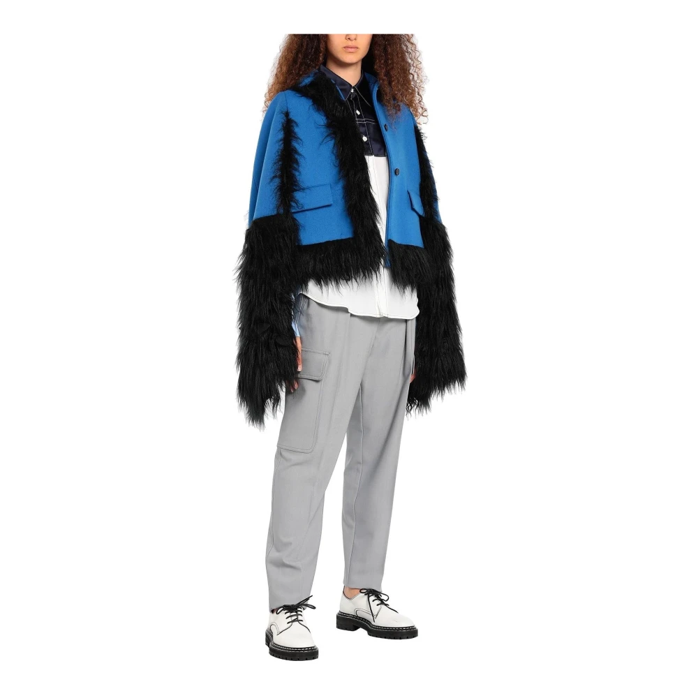 Maison Margiela Faux Fur Trimmed Cape Jacket Blue Dames