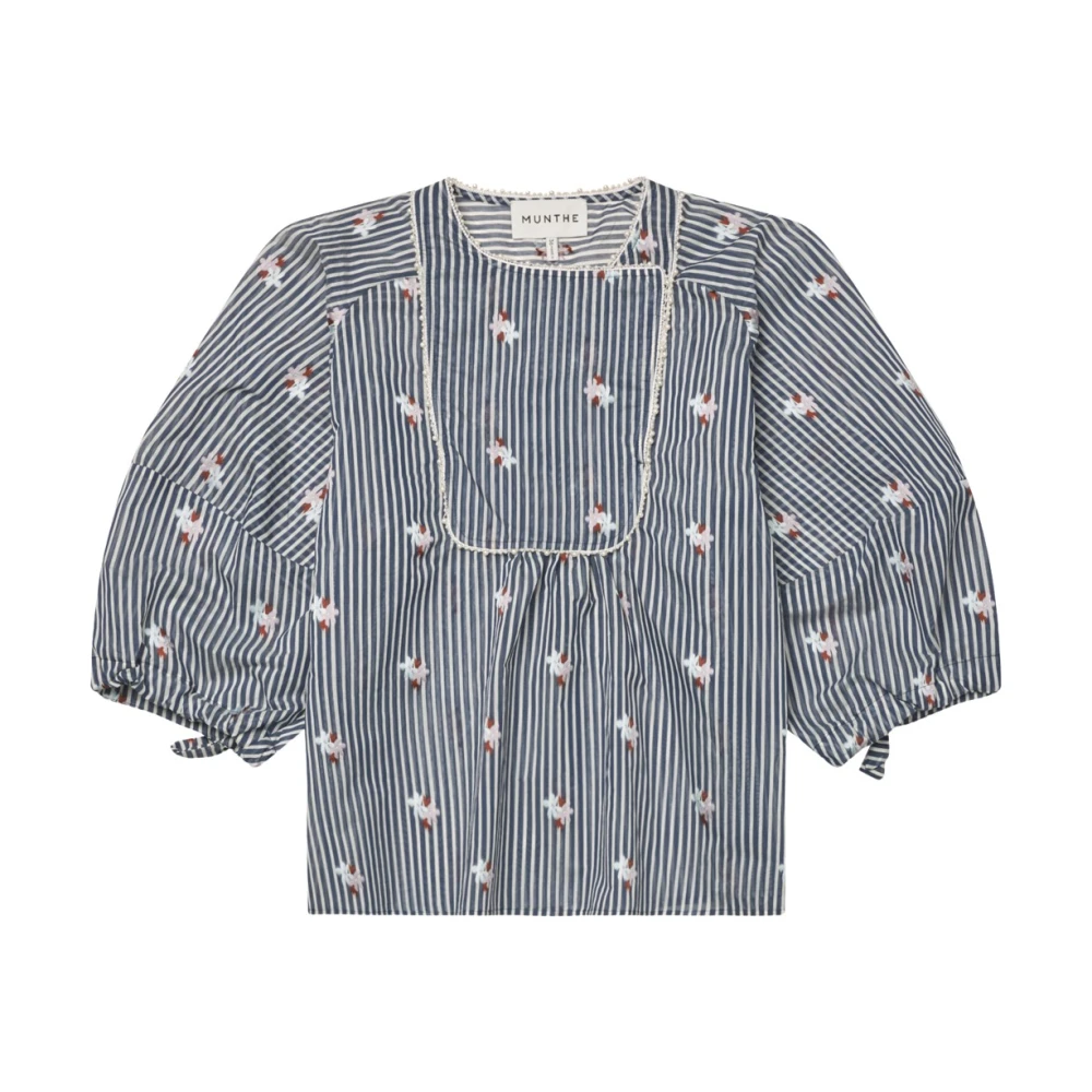Munthe Women's Gray Blouses, L, Striped Top With Puff Sleeves