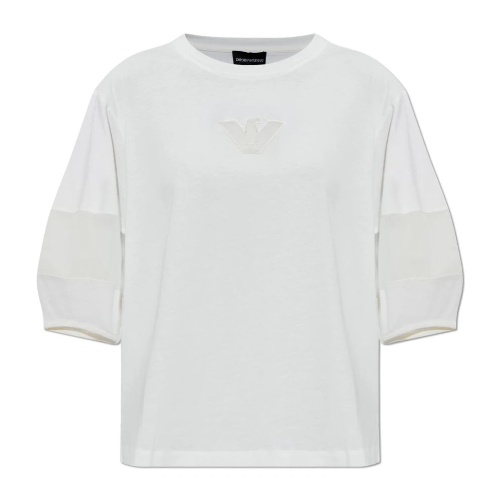Emporio Armani Vrouw Beige Asv Supima Jersey T-Shirt Met Tule Inzetstukken