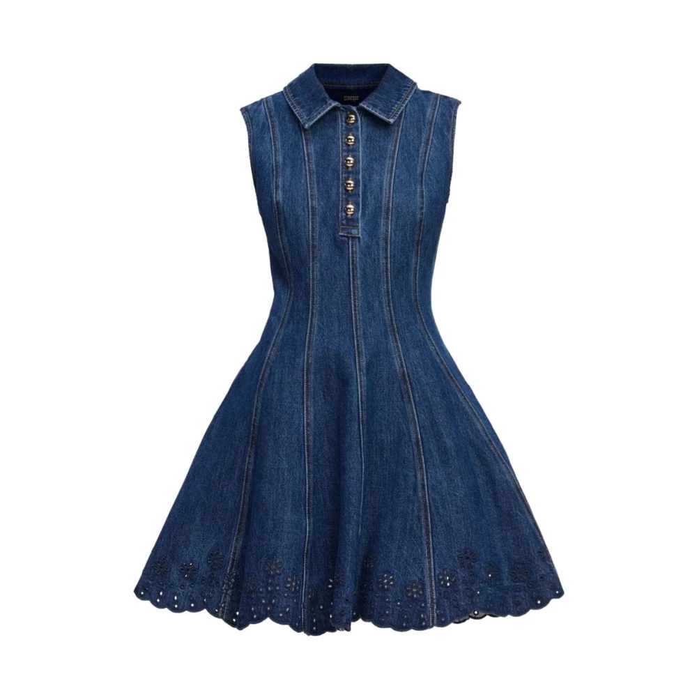 Self Portrait Women's Blue Short Dresses, Xs, Denim Broderie Mini Dress