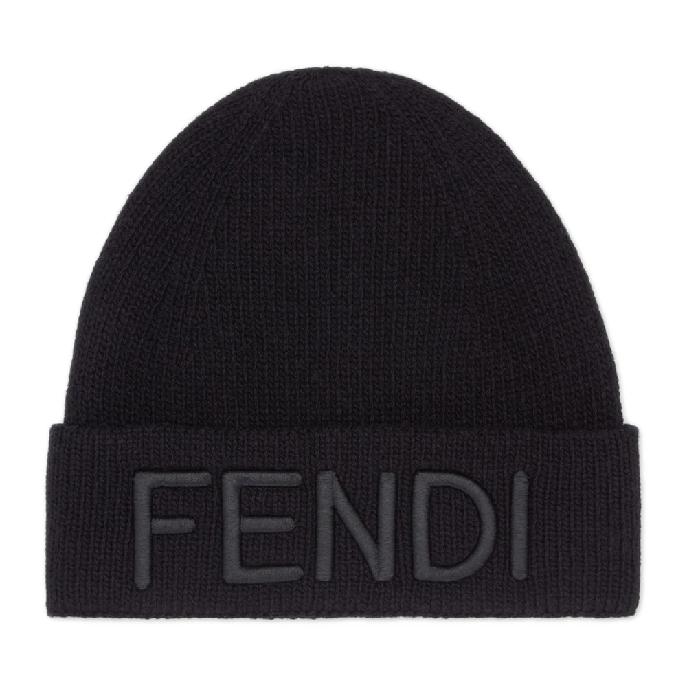 Fendi Zwarte Wollen Beanie Muts Geborduurd Black Heren