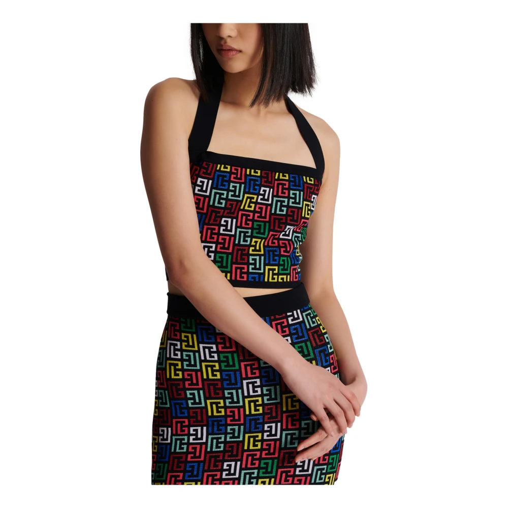 Balmain Halterneck Top in Pop Monogram Knit Multicolor Dames