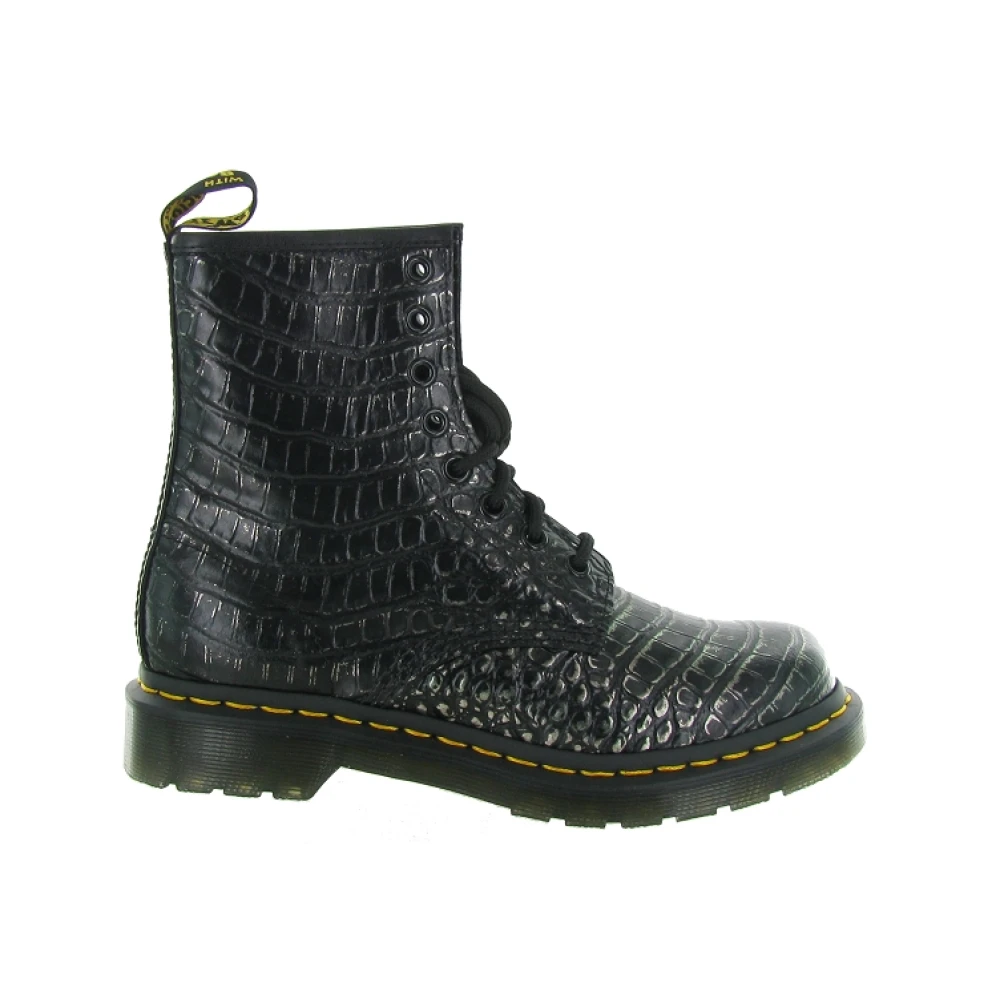 Dr. Martens Women's Black Gunmetal Wild Croc Boots - Lace-Up Boots - 3 Uk - Shoes