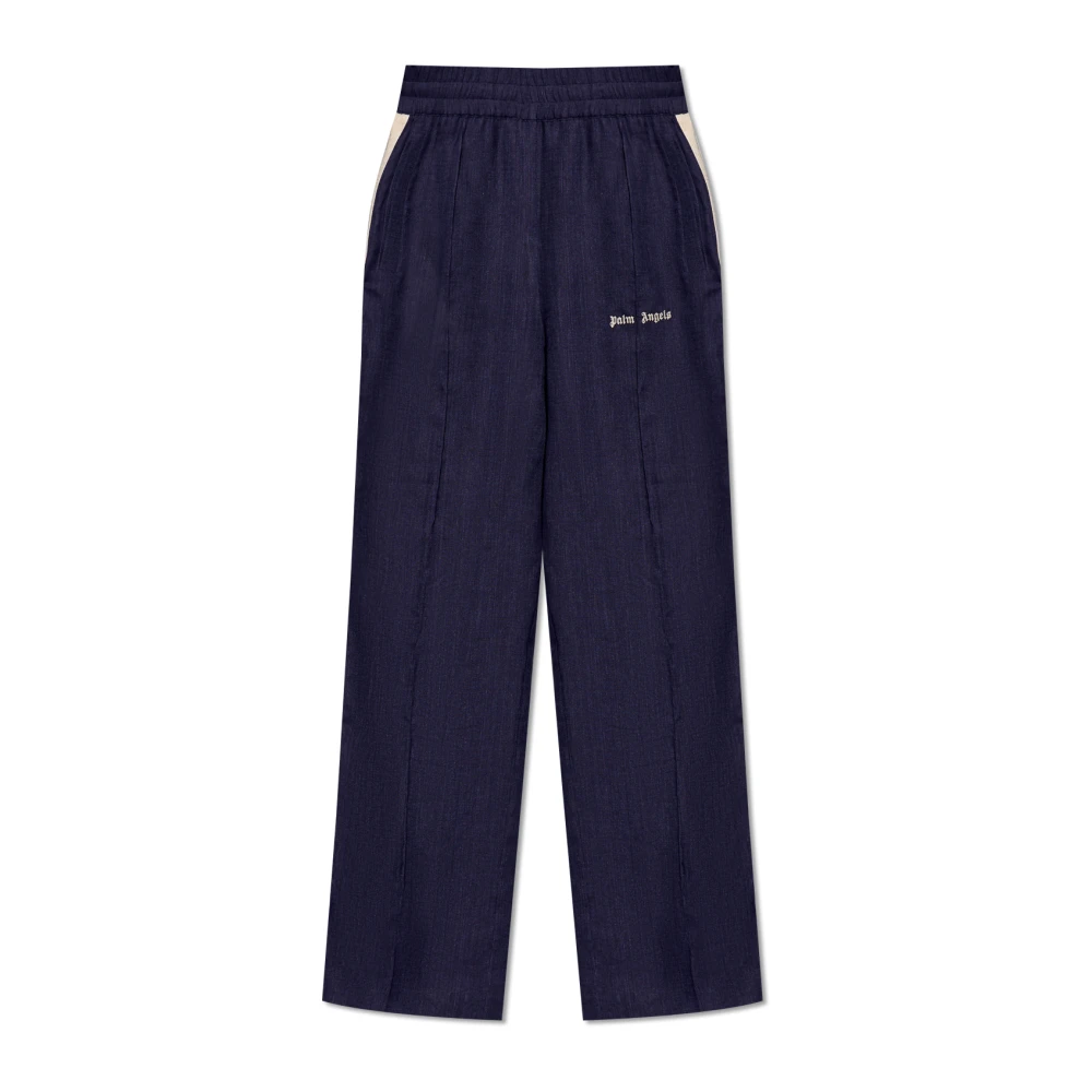 Palm Angels Men's Blue Straight Trousers, M, Linen Trousers With Logo