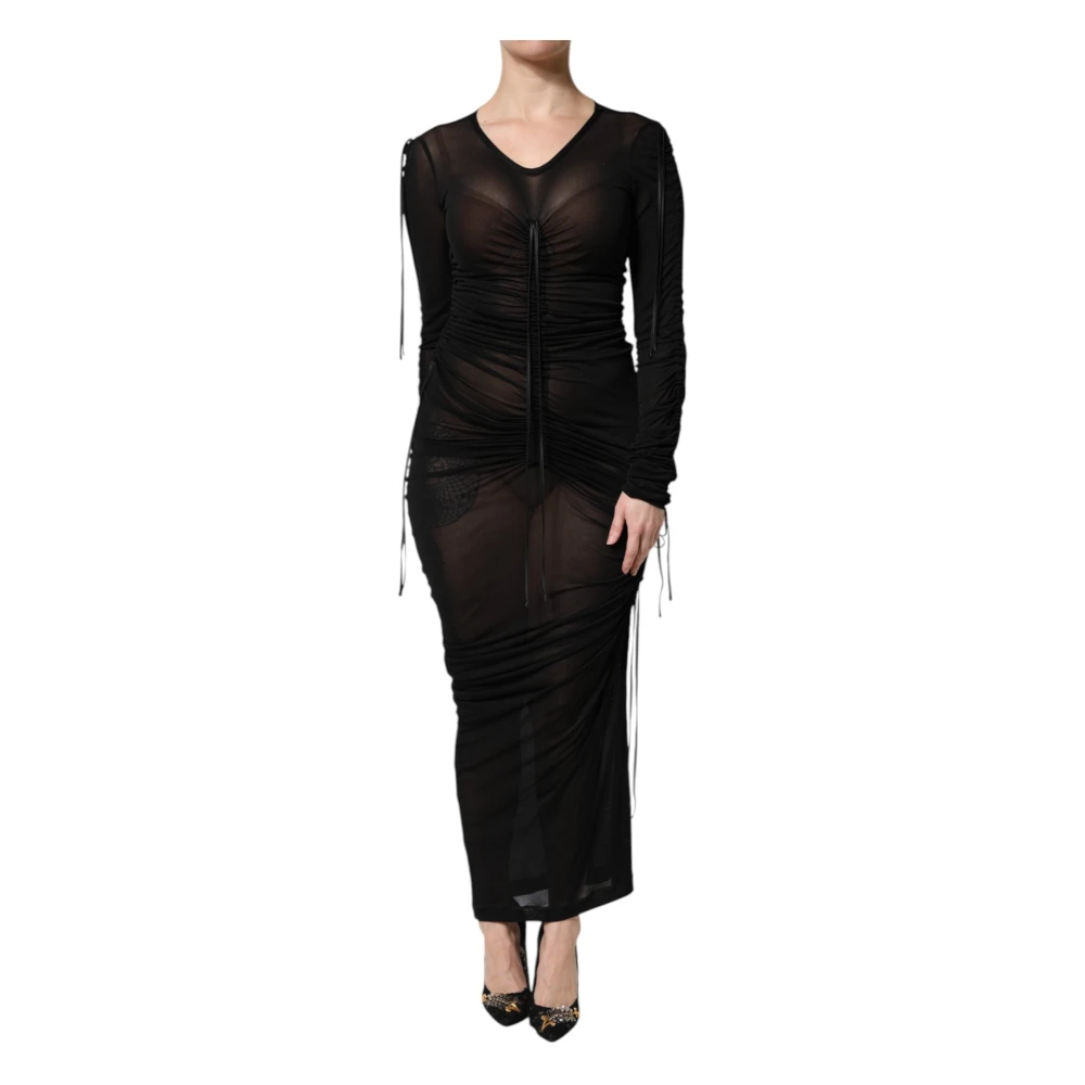 Dolce & Gabbana Vrouw Zwart Kleedjes Dames, M, Tule, E Mesh Trim Bodycon Sheath Jurk
