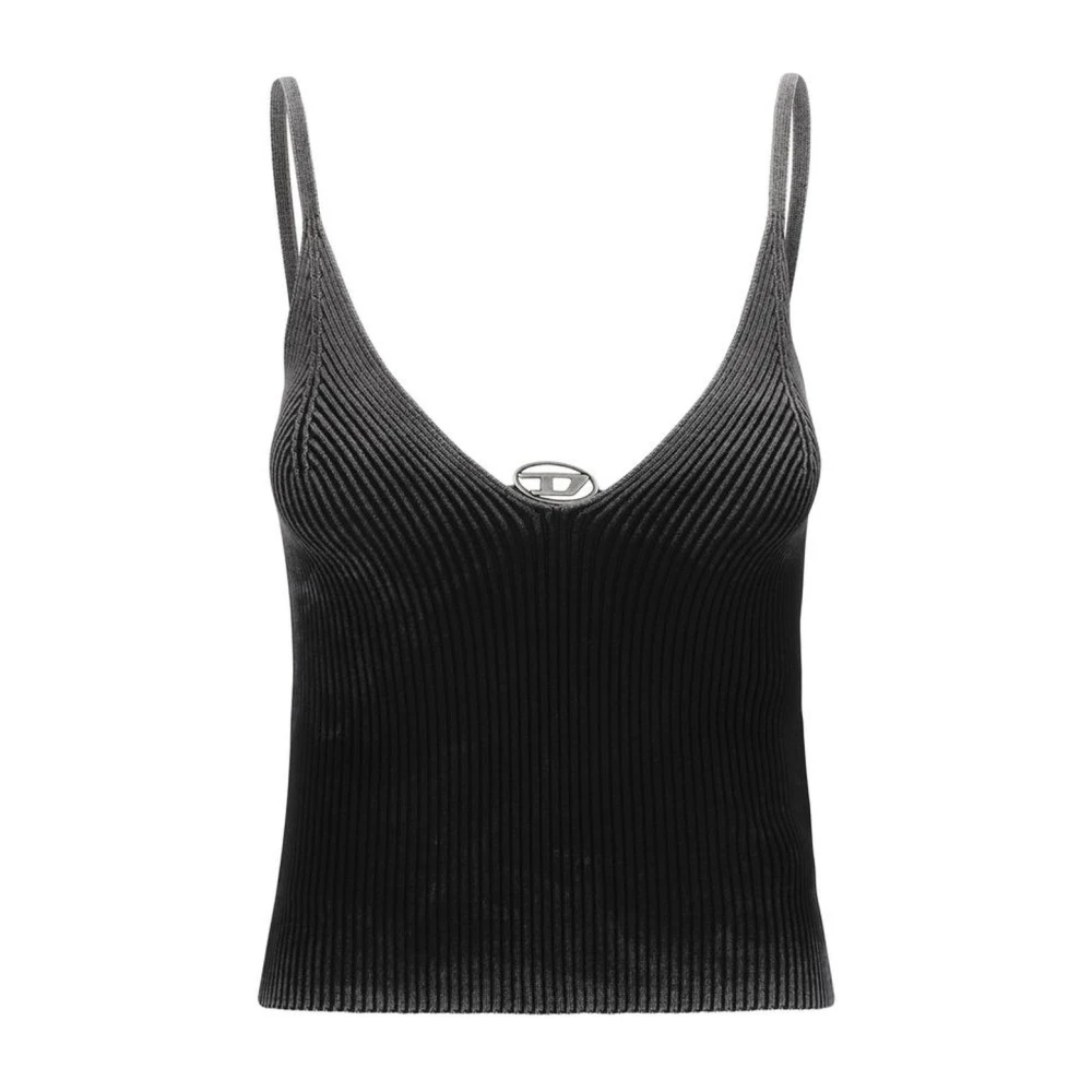 Diesel Geribbelde Mouwloze V-hals Top met Logo Black Dames