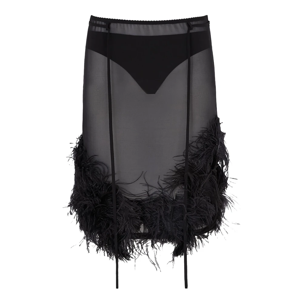 The Attico Women's Black Midi Skirts, S, Ostrich Feather-Trim Midi Skirt