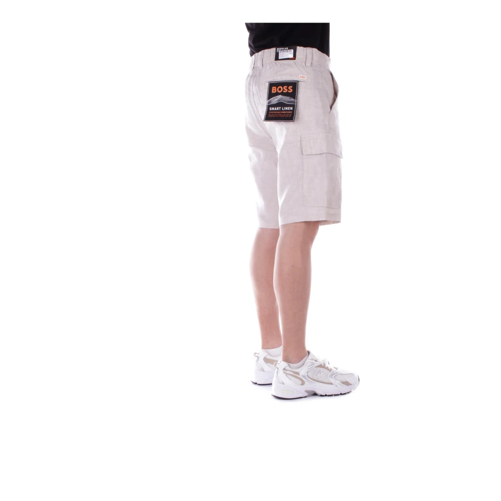 Hugo Boss Beige Linnen Shorts Rits Knoop Zakken Beige Heren