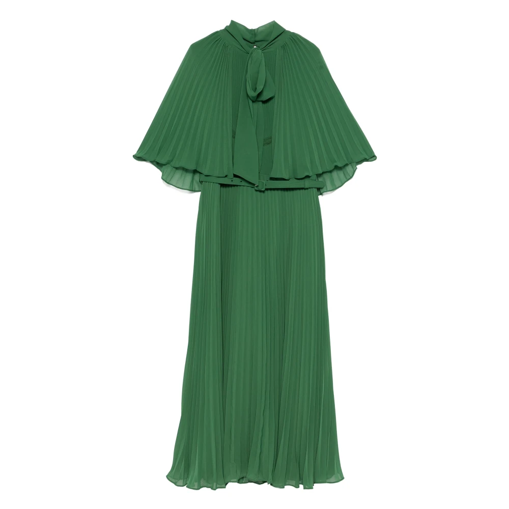 Self Portrait Groene Geplooide Jurk met Cape en Strik Green Dames