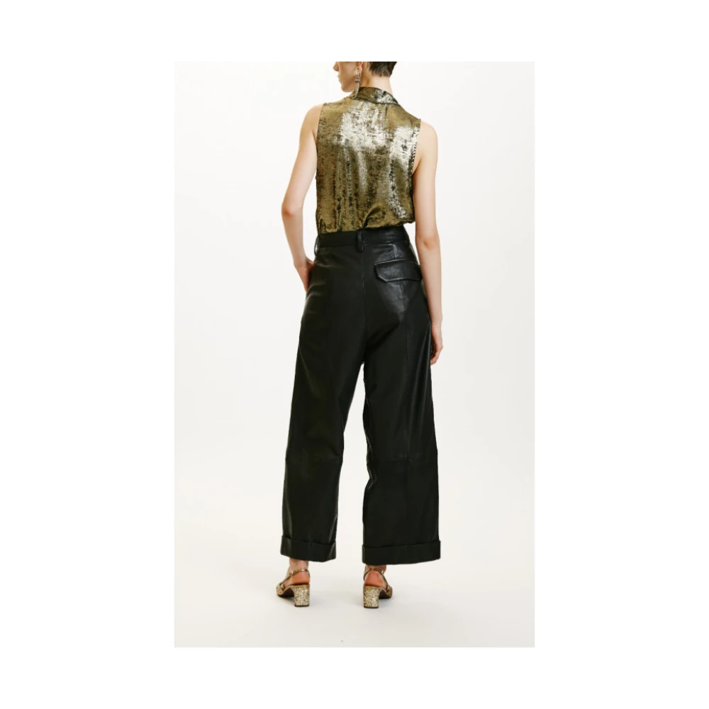 Momoni Wijde leren broek met zakken Black Dames