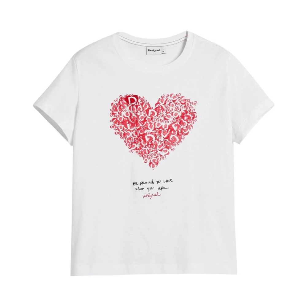 Desigual Women's White T-Shirts, S, Printed Round Neck Cotton T-Shirt With Short Sleeves