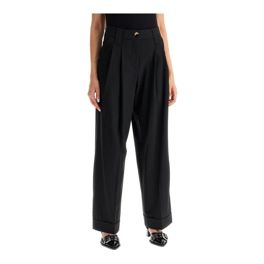 Ganni Hoge Taille Wijde Broek met Plooien Black Dames
