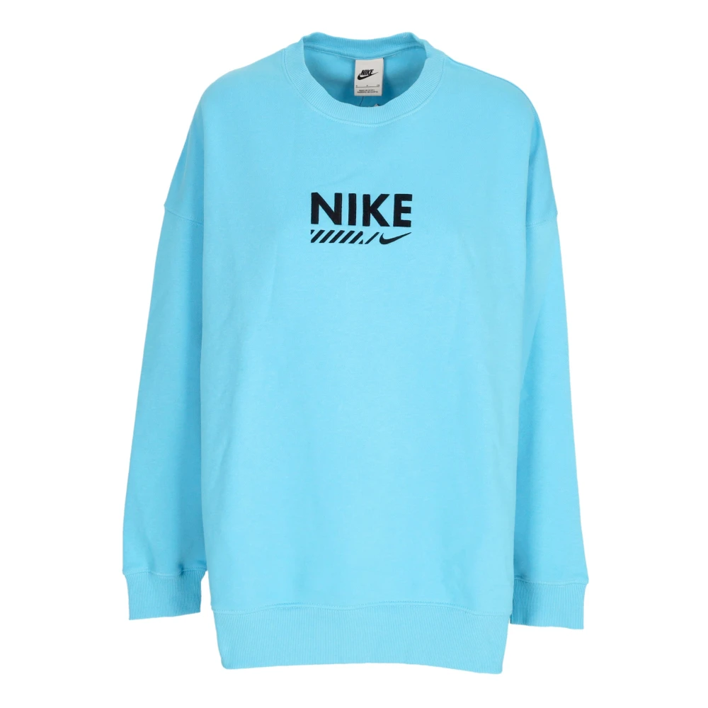 Nike Women's Blue Crewneck Fleece Sweatshirt Oversize Fit - Long Sleeve Training Tops - M - Sport