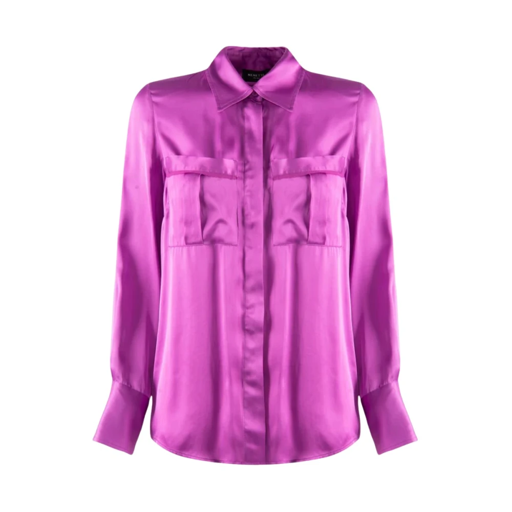 Nenette Viscose satijnen shirt met lange mouwen en zakken Purple Dames