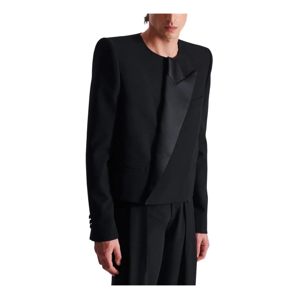 Balmain Geknipte grain de poudre jas met asymmetrische kraag Black Heren