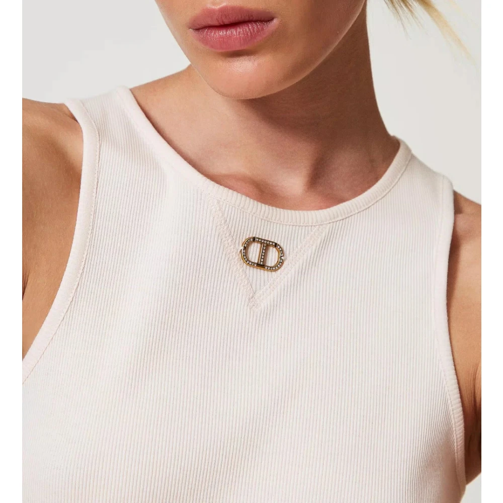 Twinset Aansluitende Ribtop met Ovale Halslijn White Dames