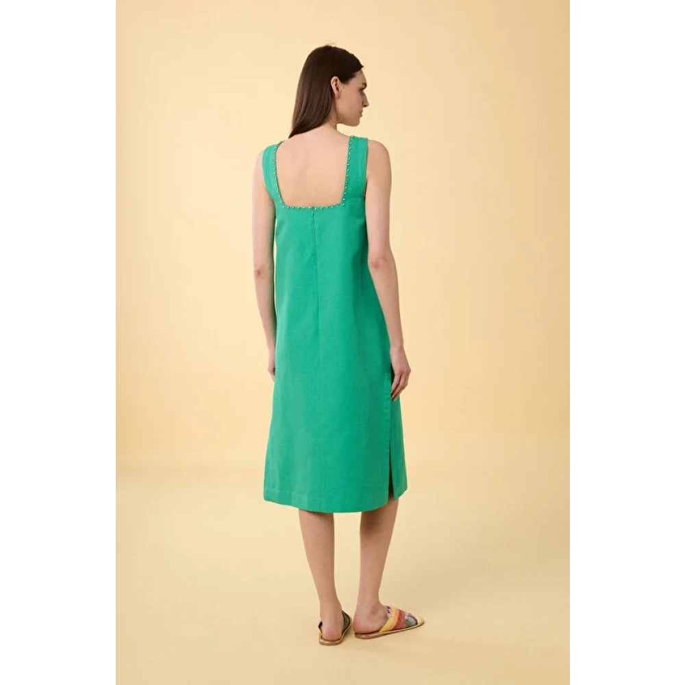 Manoush Mouwloze Vierkante Hals Versierde Jurk Green Dames