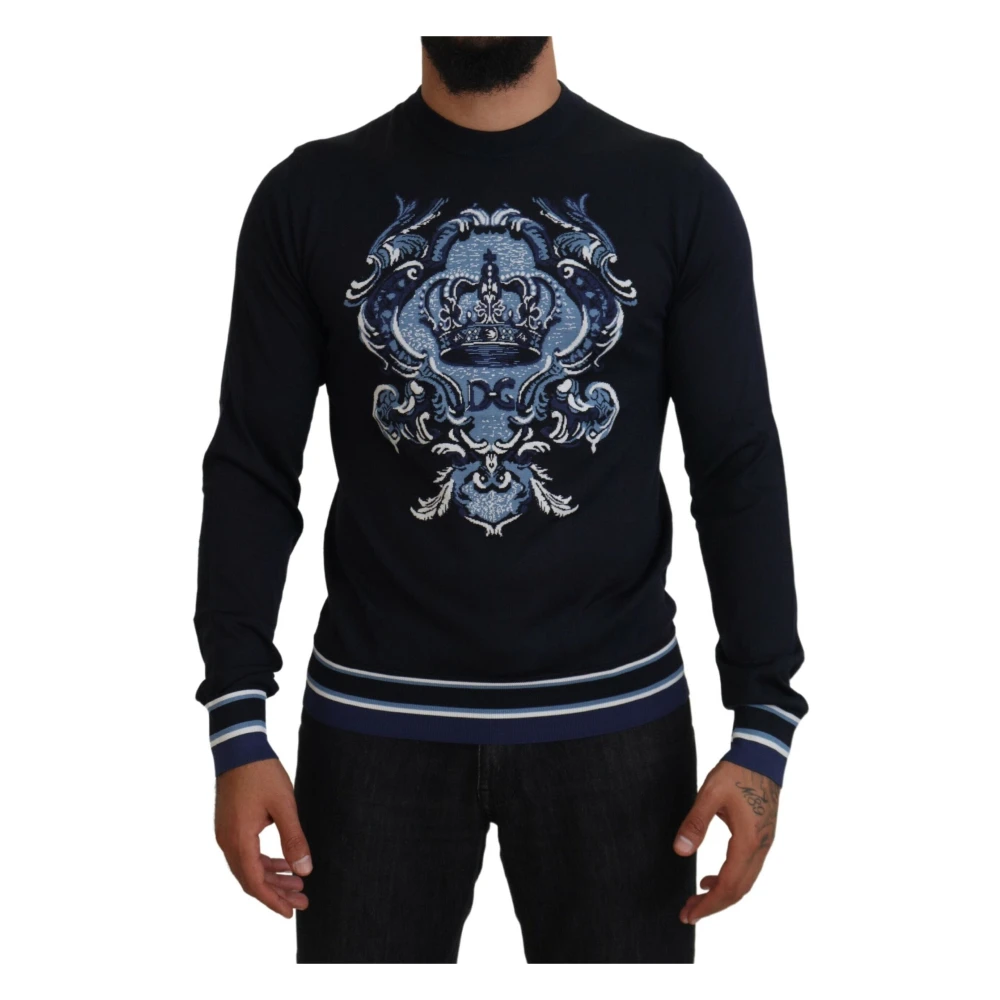 Dolce & Gabbana Zwarte Zijden Kroon Crew Neck Sweater Black Heren