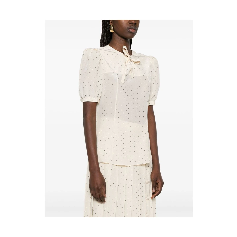 Alessandra Rich Ecru Puff Sleeve Tie Neck Shirt Beige Dames