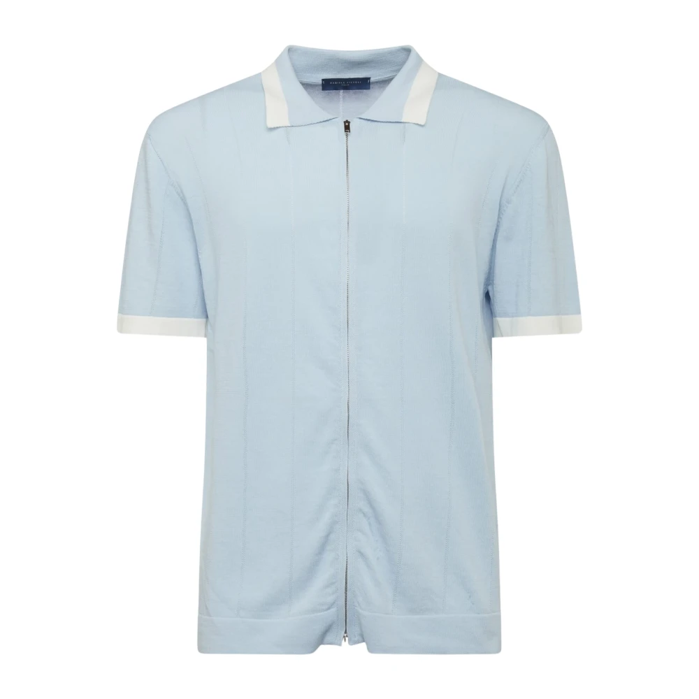 Daniele Fiesoli Men's Blue Zip Knit Polo In Sky - Polo Shirts - Xl - Tops