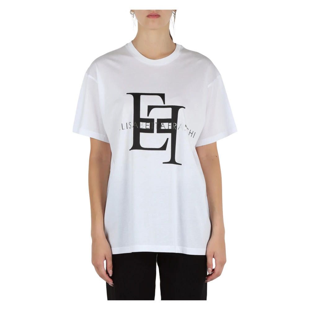 Elisabetta Franchi Katoen Modal Logo Print T-shirt White Dames