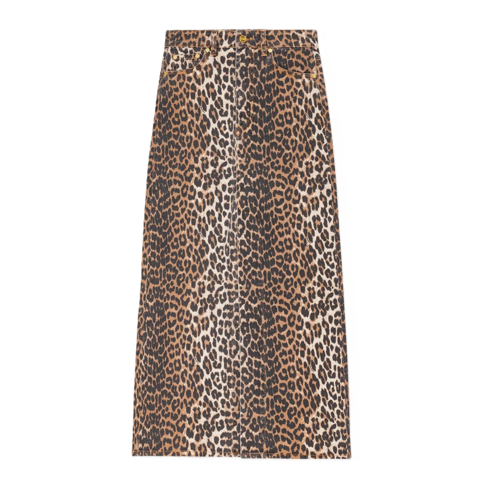 Ganni Leopard Denim Kjol Hög Slits Brown, Dam