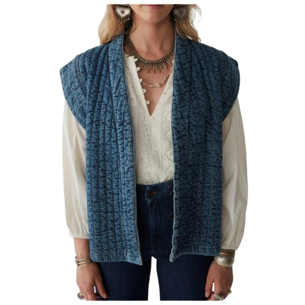 Maison Hotel Gewatteerde Denim Mouwloos Vest Blue Dames