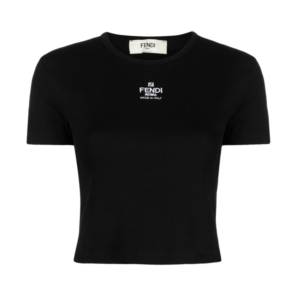 Fendi Women's Black T-Shirts, S, Logo-Embroidered Cropped T-Shirt
