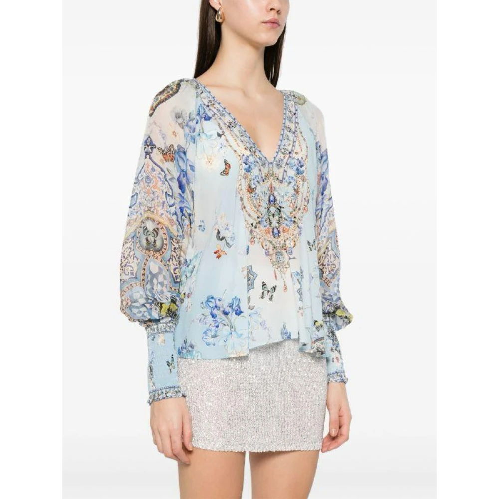 Camilla Zijden blouse met kristalversiering Blue Dames