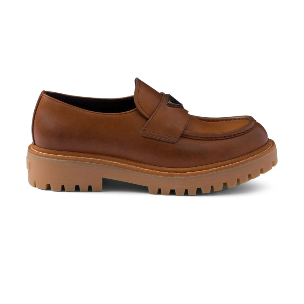 Prada Men's Brown Enamel Triangle Logo Loafers - Loafers - 10 Uk - Shoes