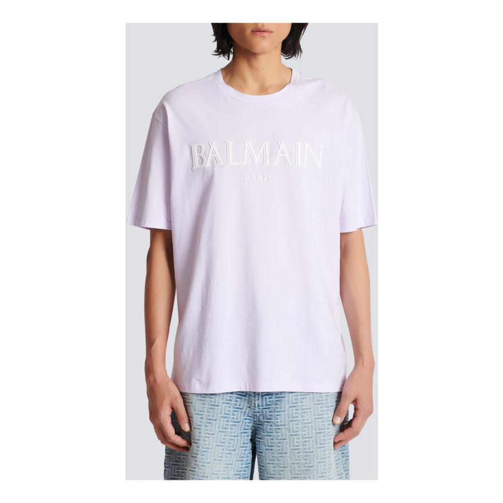Balmain Oversized T-shirt met rubberen Romeins logo Purple Heren