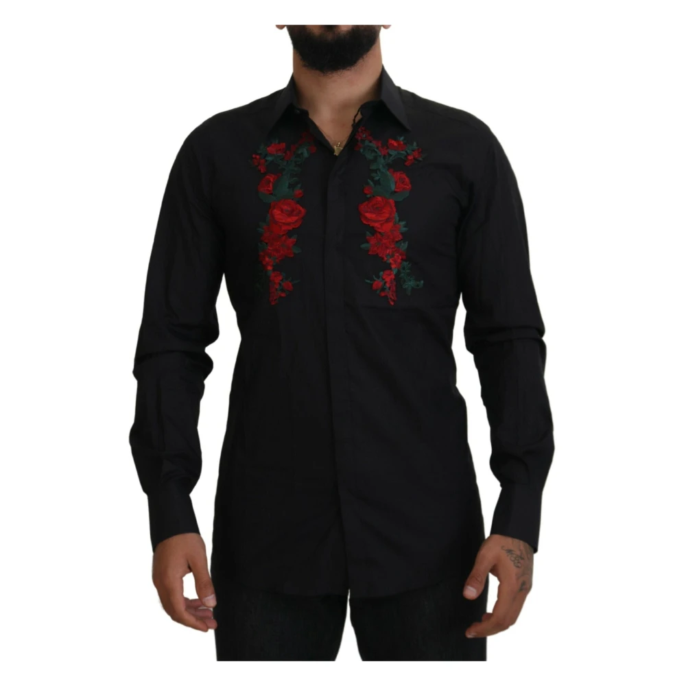 Dolce & Gabbana Zwarte Herenoverhemd met Bloemenborduursel Black Heren