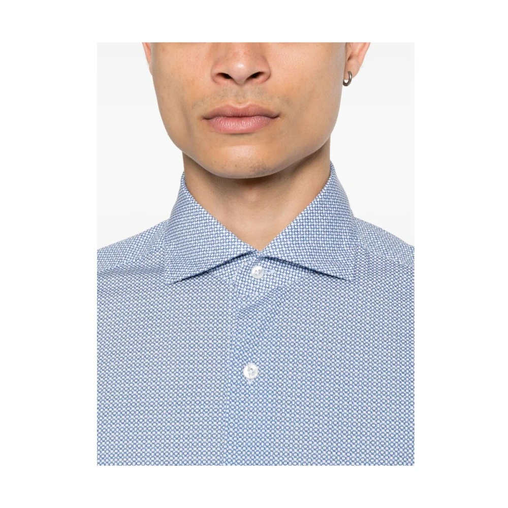 Barba Geometrische Print Katoenen Overhemd Blauw Wit Blue Heren