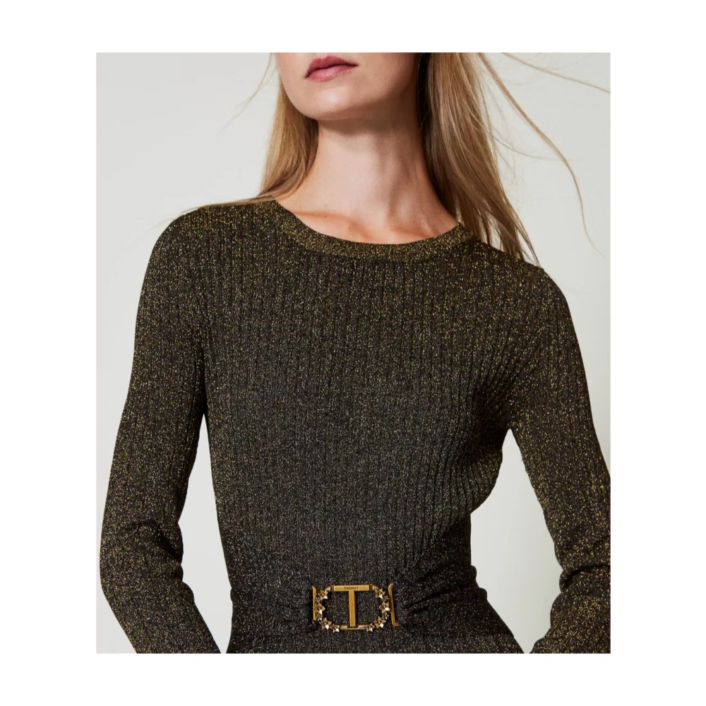 Twinset Lange Gebreide Rib Jurk met Ovaal Riem Brown Dames