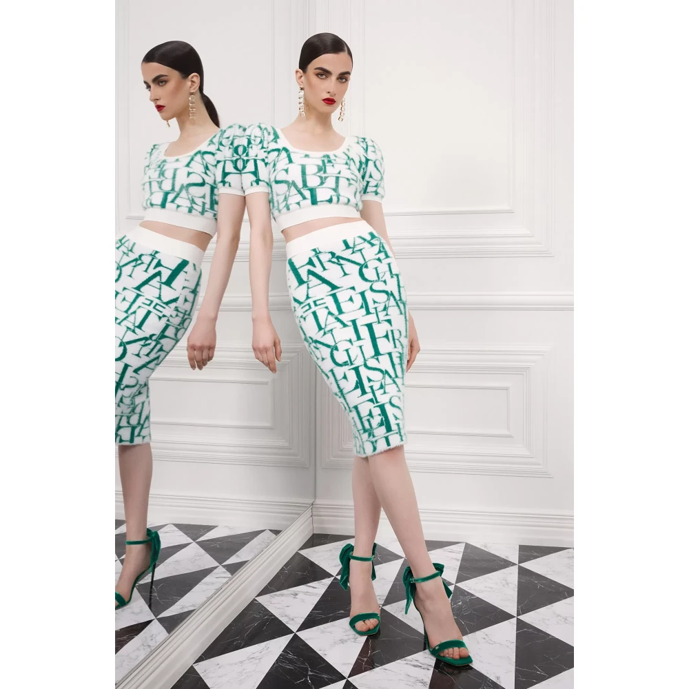 Elisabetta Franchi Crop top met ballonmouwen en lettering Green Dames