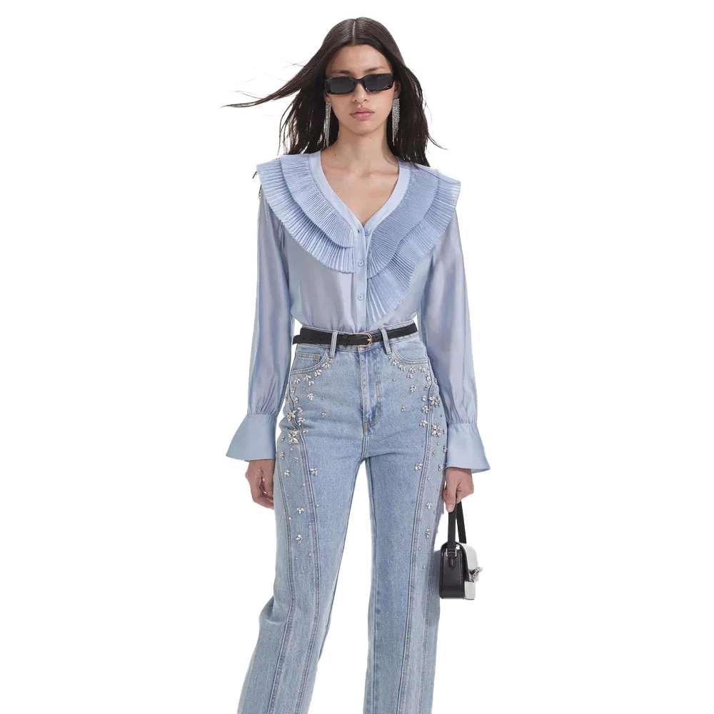 Self Portrait Satin Organza Blouse met Ruchedetail Blue Dames