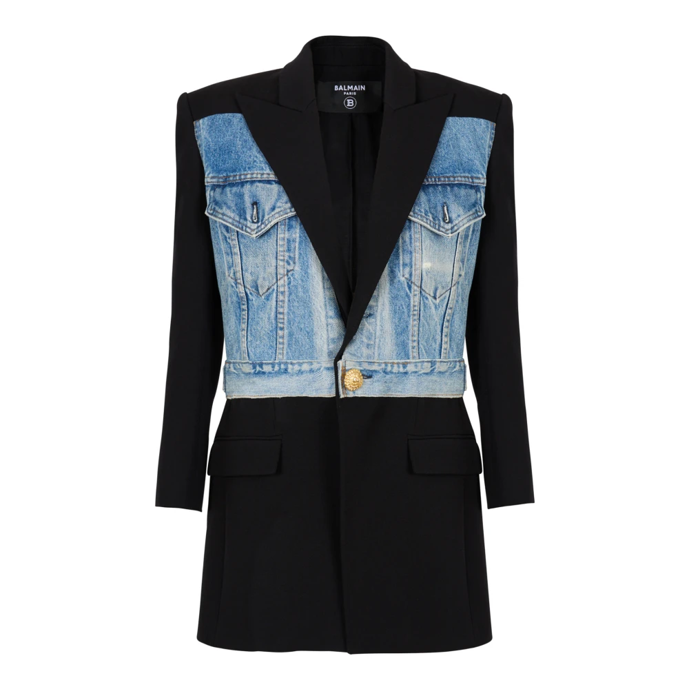 Balmain 1-knoop bi-materiaal jas Black Dames