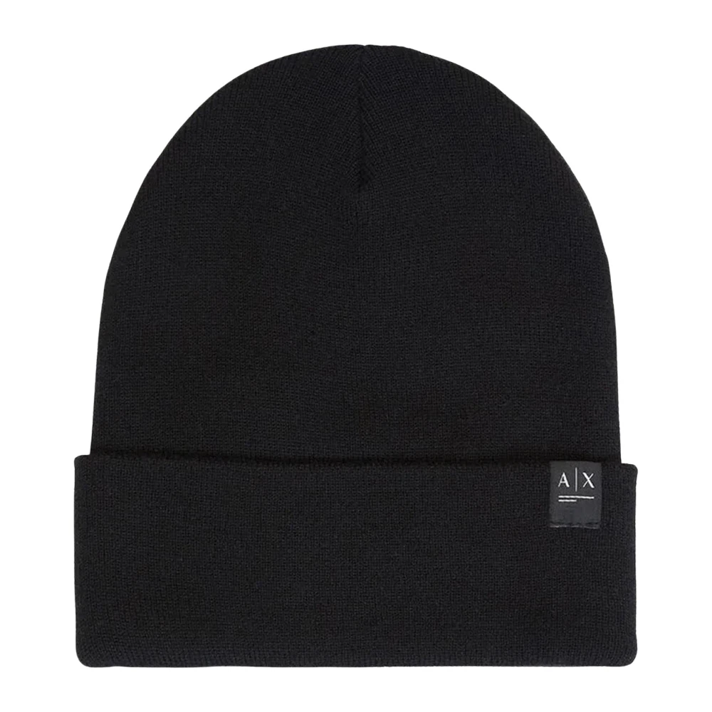 Armani Exchange Zwarte Wollen Blend Logo Beanie Hoed Black Heren
